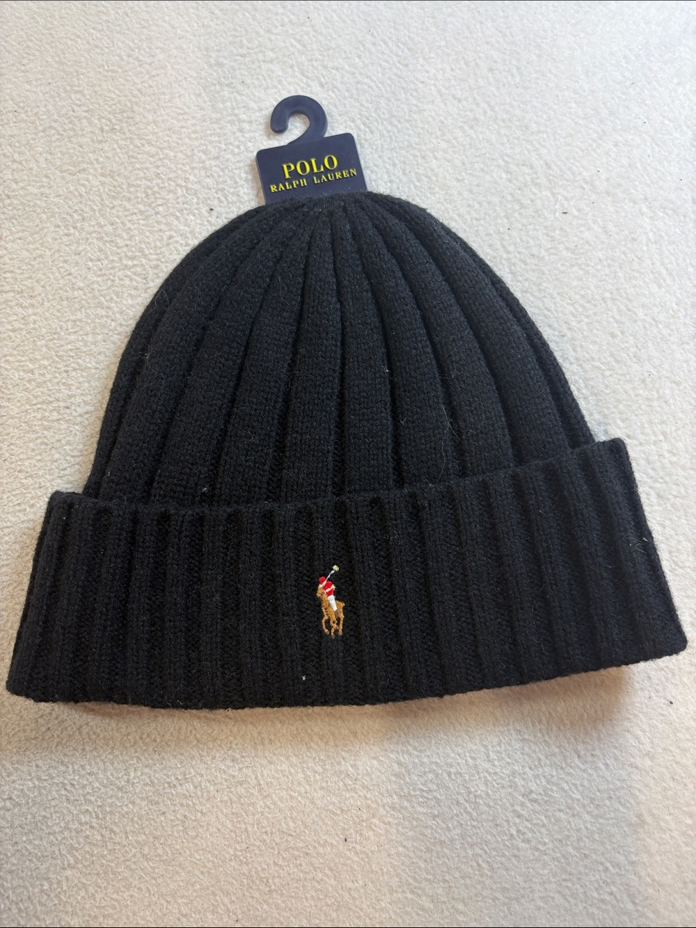 Polo by Ralph Lauren Black Ribbed Knit Hat with Embroidered Pony